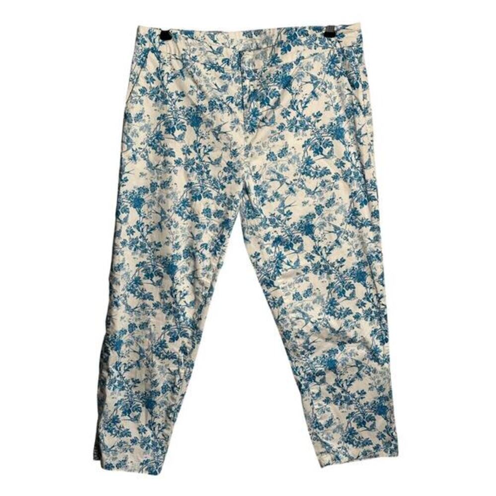 Garnet Hill Sz 12 Floral Toile Straight Leg Crop Pants Stretch Cottagecore Birds